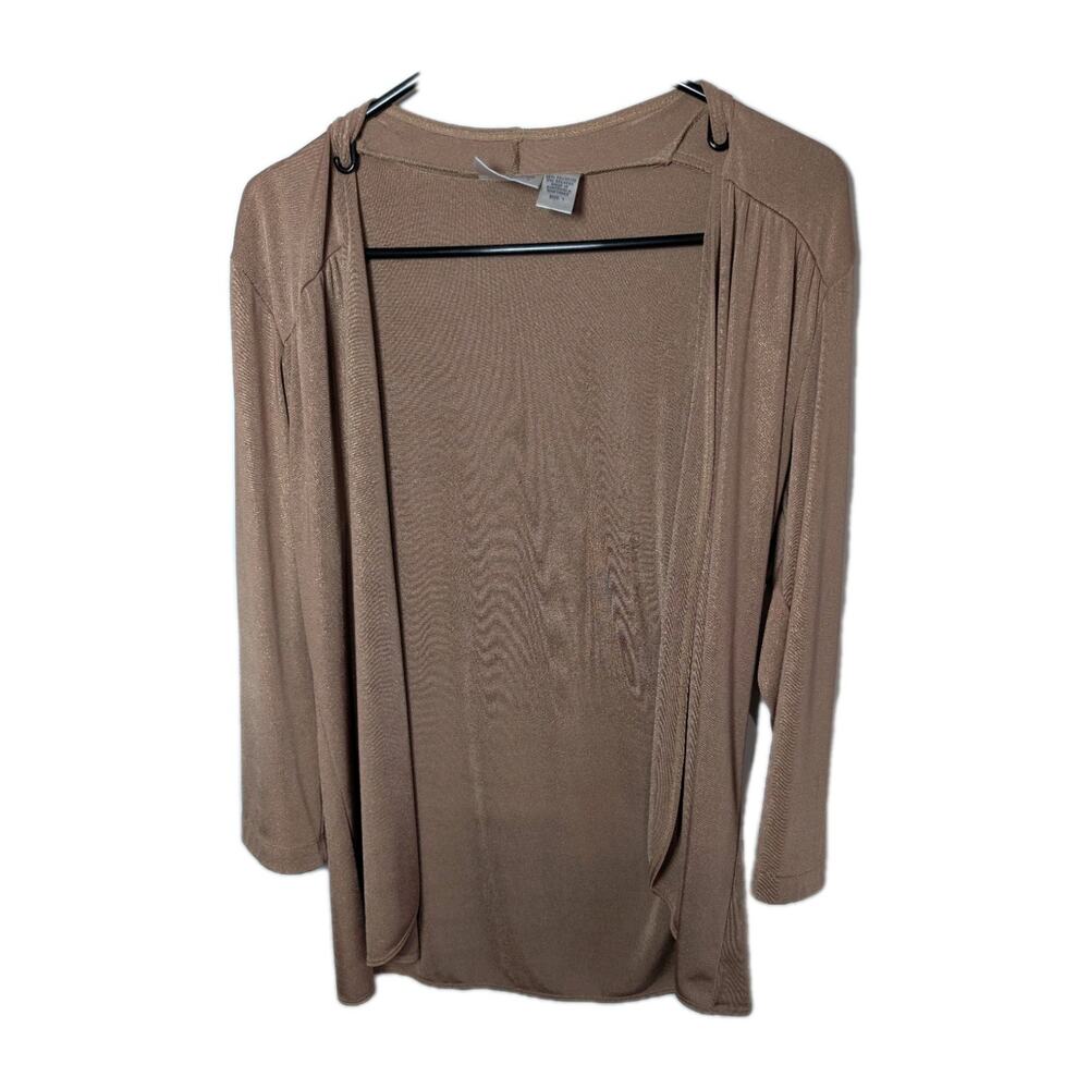 Chico’s Travelers Cardigan Shirt Slinky Old Money Gold Tan Womens Size Medium 1